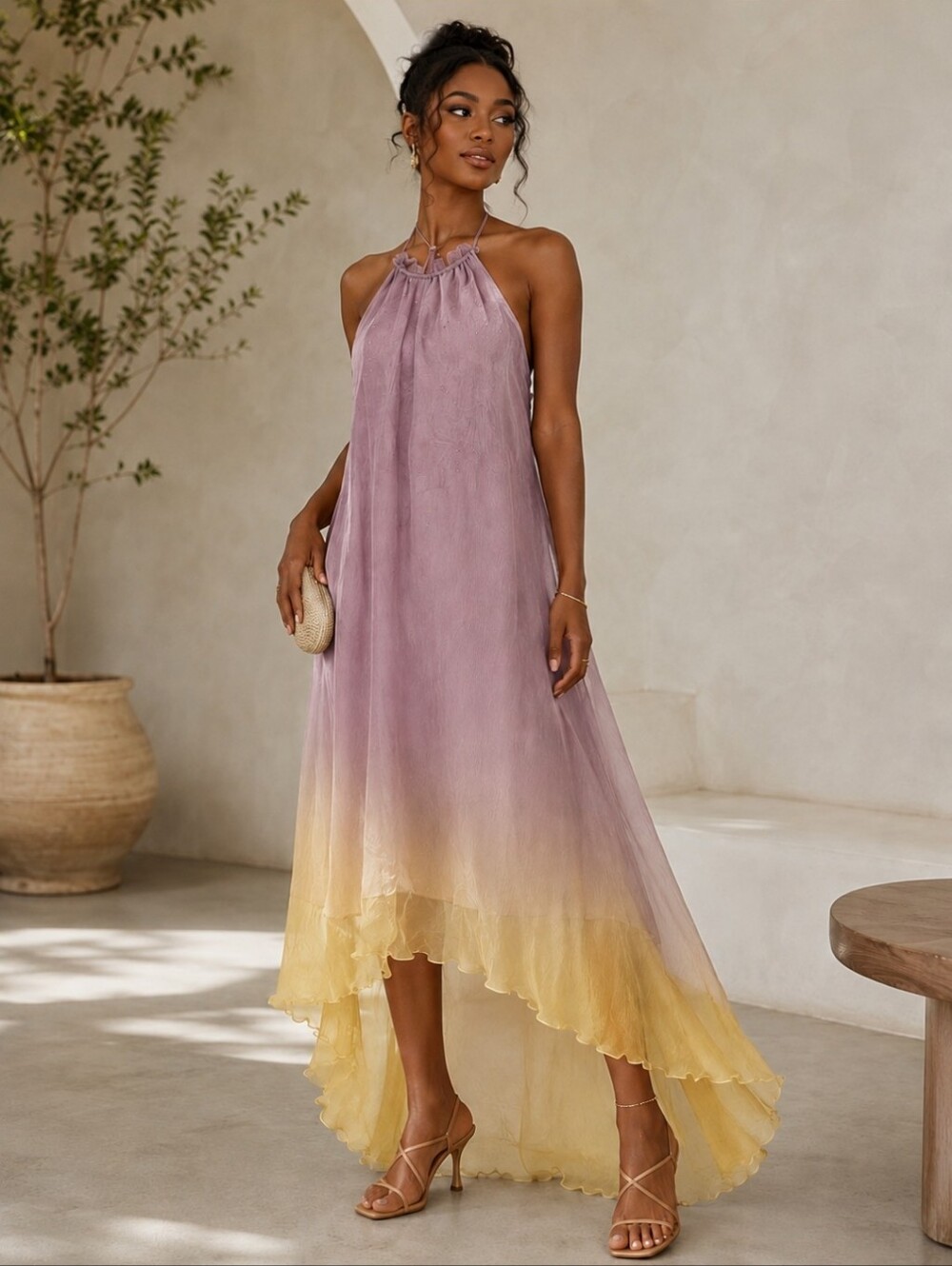 Laundry By Shelli Segal Lavender to Yellow SILK Halter High-Low Dress